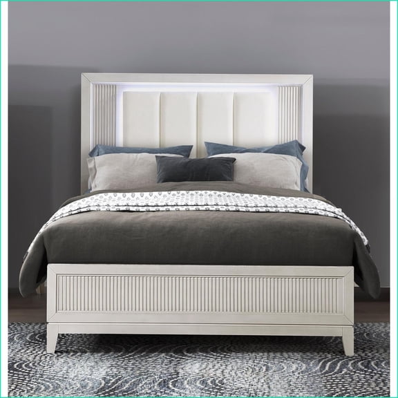Queen Size Upholstered Bed with LED Headboard Reeded Fronts Antique White Modern Bedroom Furniture