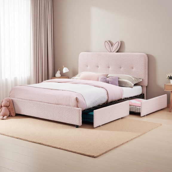 Queen Size Upholstered Bed with Oversized Rabbit Ear Headboard, LED Light and 4 Storage Drawers, Boucle Fabric, Pink
