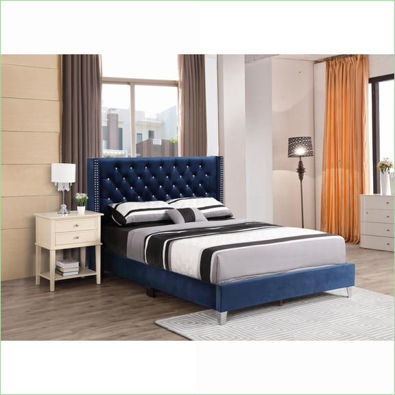 Queen Size Upholstered Bed with Supportive Headboard Cooling Mattress Navy Blue Transitional Design for Master Bedroom