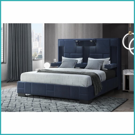 Queen Size Upholstered Bed with Wireless Charging & LED Lights Navy Blue Contemporary Master Bedroom