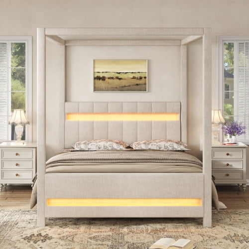 Queen Size Upholstered Canopy Platform Bed with LED Lights, Four-Poster Design, Padded Headboard, Wood Slat Support, No Box Spring Needed, for Bedroom, Beige