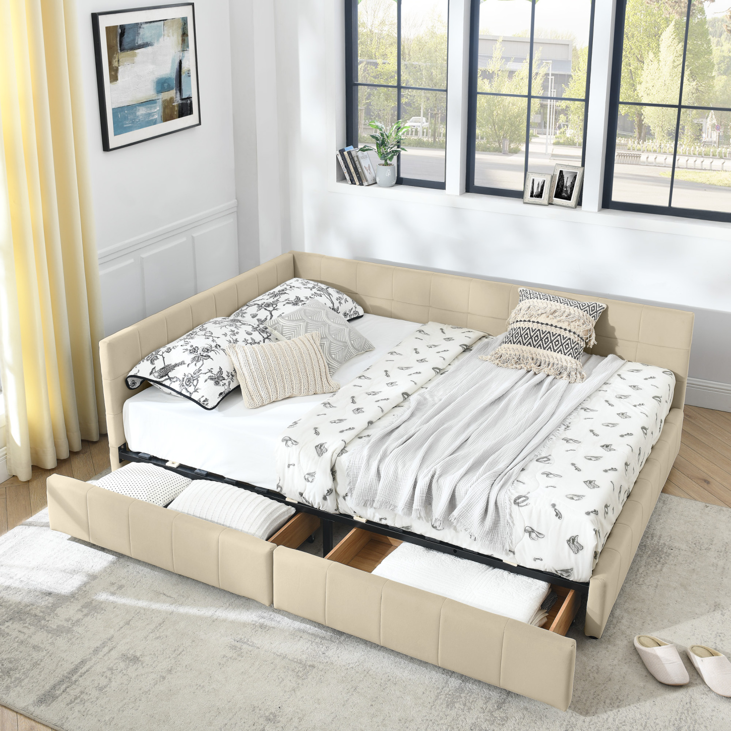 Queen Size Upholstered Daybed with 2 Storage Drawers, Velvet L Shaped ...