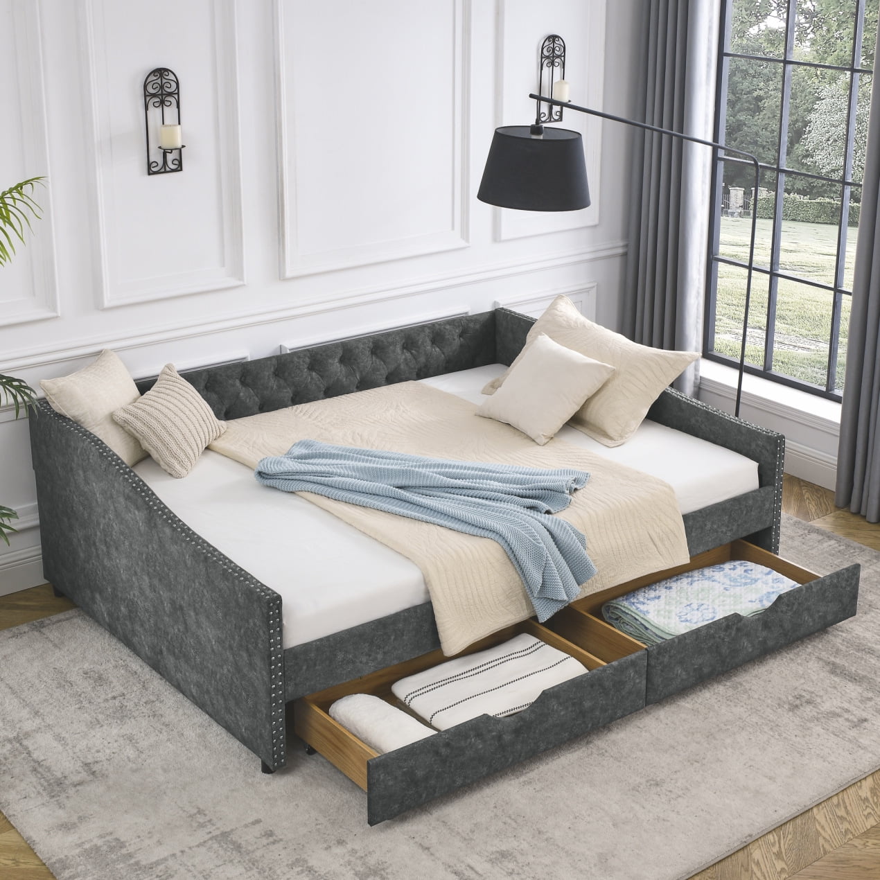 Queen Size Upholstered Daybed Frame with Storage Drawers, Linen Sofa ...