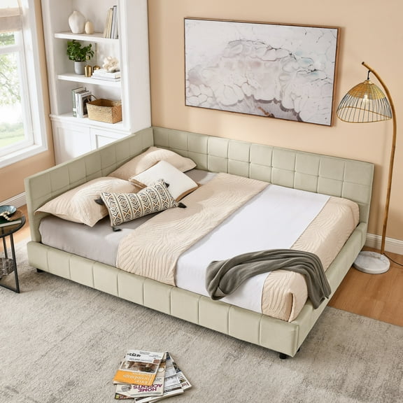 Queen Size Upholstered Daybed, Platform Bed Frame with Headboard, L-Shaped Corner Sofa Bed Day Bed Frame for Living Room Bedroom, No Box Spring Needed, Beige