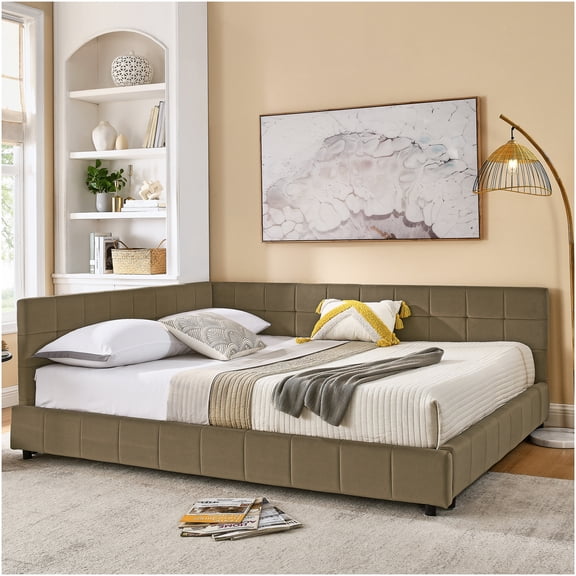 Queen Size Upholstered Daybed Sofa Bed with Backrest, Velvet Convertible Sleeper for Living Room, Bedroom or Studio, Brown