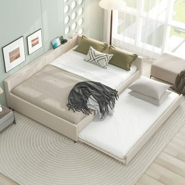 Queen Size Upholstered Daybed with Trundle, Platform Bed with USB Port & L Shaped Backrest, Solid Wood Sofa Bed Frame with Slat Support, No Box Spring Needed, Beige