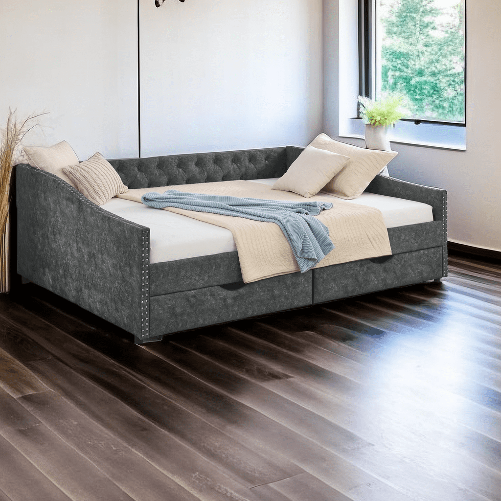 Queen Size Upholstered Daybed with Two Drawers,Button Tufted Sofa Bed ...