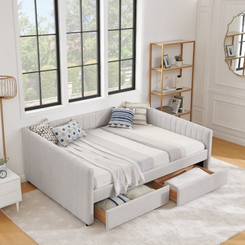Queen Size Upholstered Daybed with 2 Storage Drawers, Vertical Stripe Linen Sofa Bed, Beige