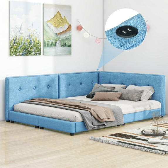 Queen Size Upholstered Daybed with USB Ports, Modern Wooden Corner Sofa Bed with Comfortable Armrests, L-Shaped Platform Bed for Living Room, Blue