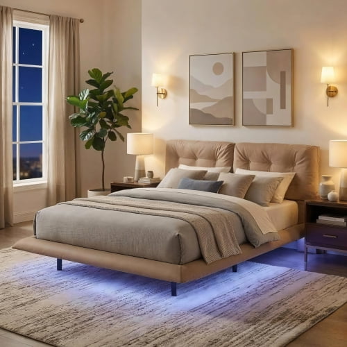 Queen Size Upholstered Floating Bed Frame with LED Lights, PU Leather Platform Bed with Button-Tufted Headboard, Easy Assembly, No Box Spring Needed, Khaki