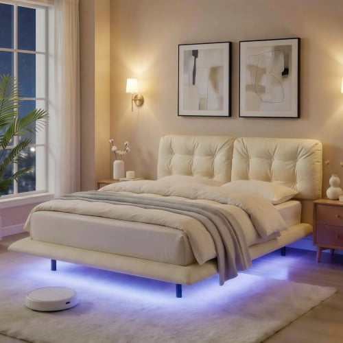 Queen Size Upholstered Floating Bed Frame with LED Lights, PU Leather Platform Bed with Button-Tufted Headboard, Easy Assembly, No Box Spring Needed, White