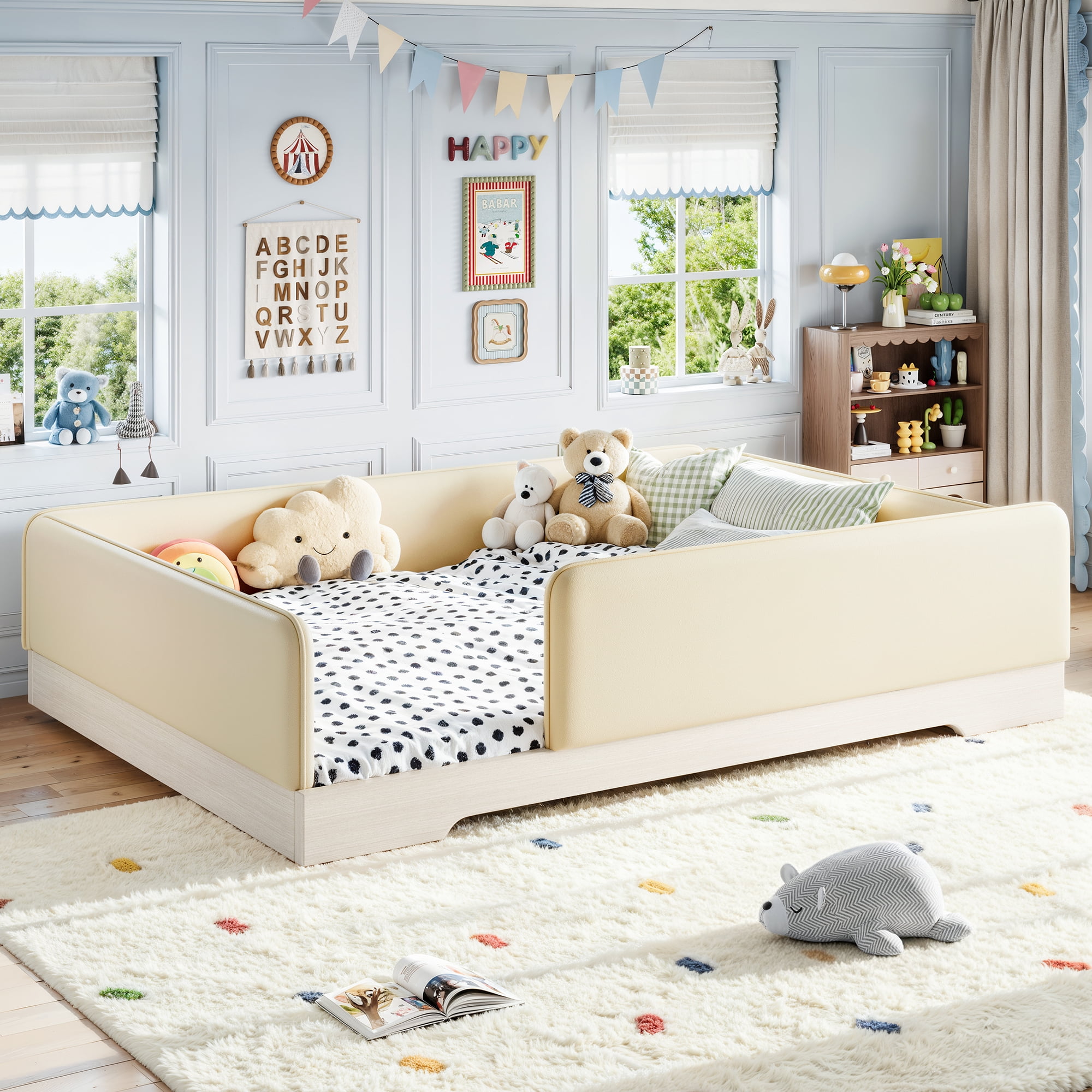 Queen Size Upholstered Floor Bed for Kids, Faux　leather Montessori Floor Bed Frame with Removable Guardrails, Low Profile Platform Bed for Boys Girls, Beige