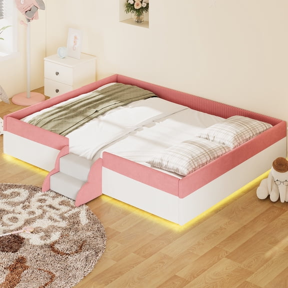 Queen Size Upholstered Floor Bed with Fence, 2-Tier Steps and Smart LED Lights, Pink & White