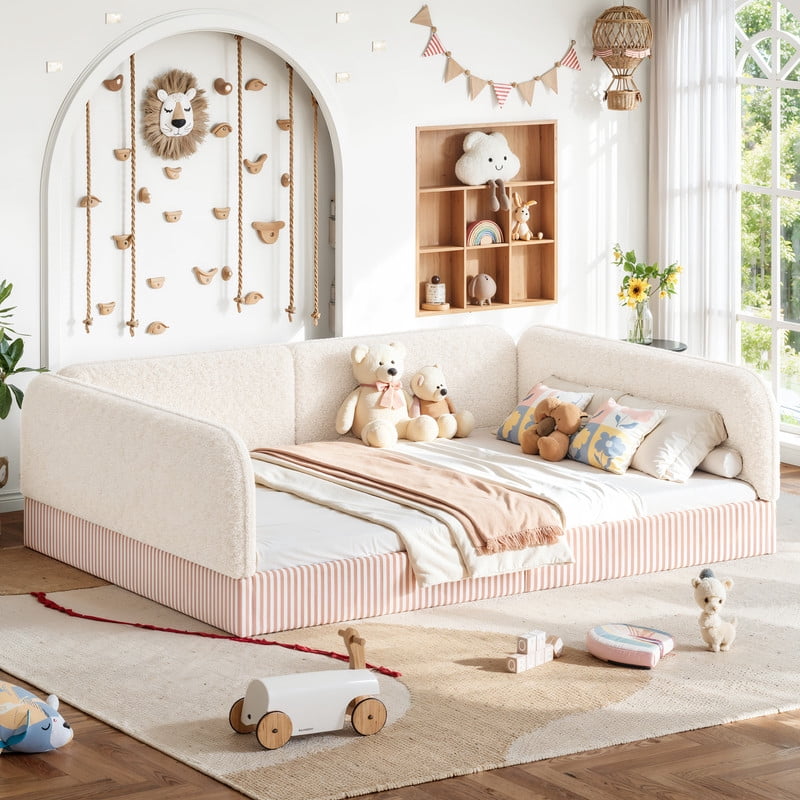Queen Size Upholstered Floor Daybed Frame for Kids, Half-Enclosed Montessori Platform Bed with 3-Sided Surrounding Guardrails