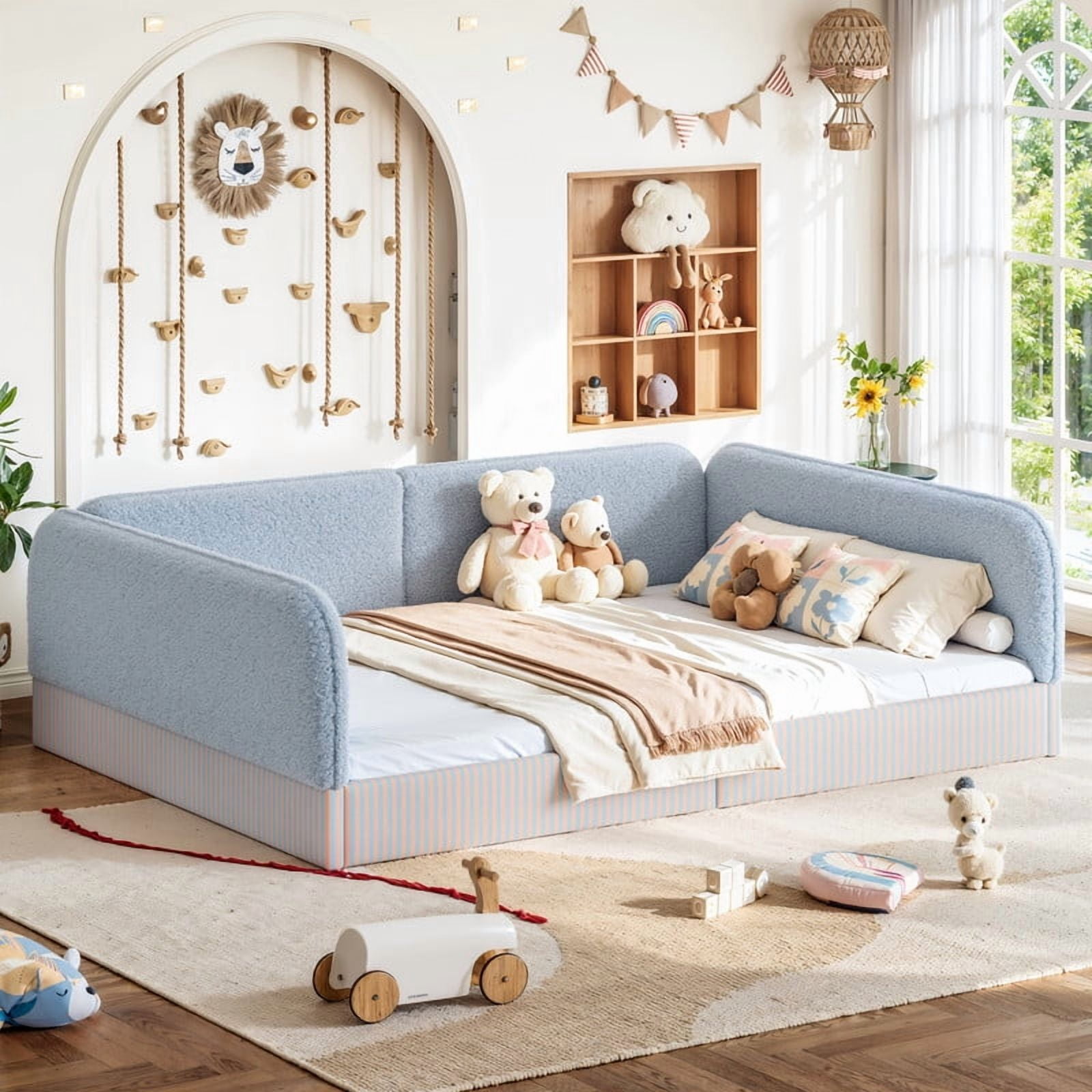 Queen Size Upholstered Floor Daybed Frame for Kids, Half-Enclosed Montessori Platform Bed with 3-Sided Surrounding Guardrails