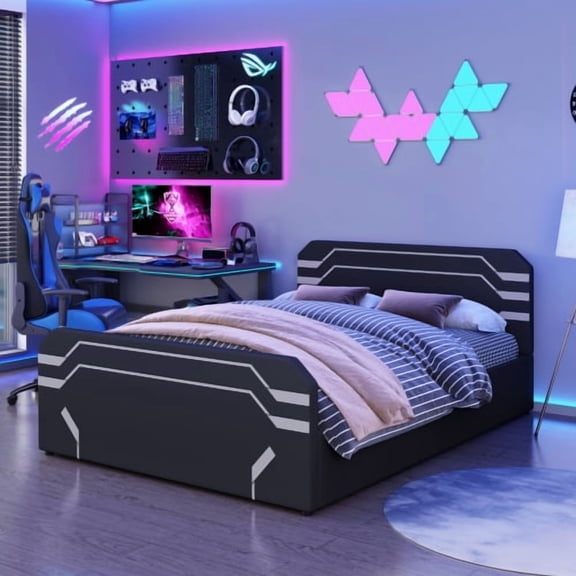 Queen Size Upholstered Gaming Bed Frame, Cyberpunk Platform Bed with Side Lift Hydraulic Storage, Padded Headboard, Box Spring Free Frame for Gamer Bedroom, Black and Gray