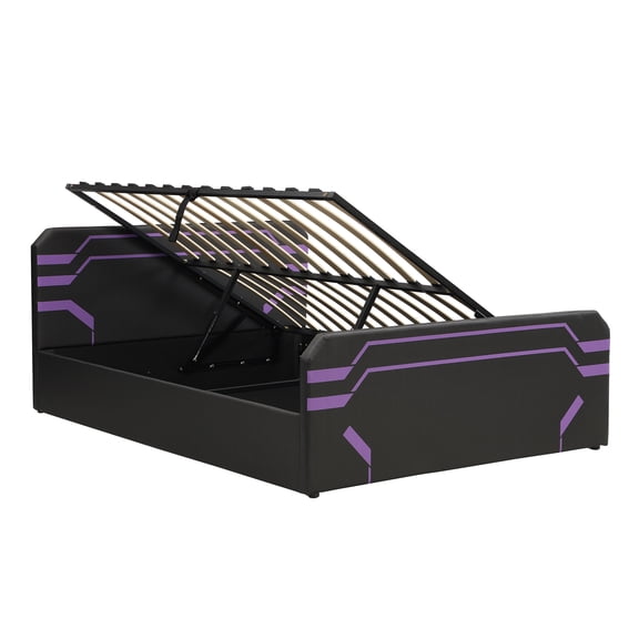 Queen Size Upholstered Gaming Bed with Side-Lift Hydraulic Storage System, Cyberpunk Style Platform Bed with Futuristic Pattern for Gamers & Gen Z, Black+Purple