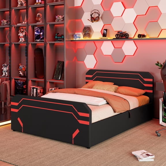 Queen Size Upholstered Gaming Bed with Side-Lift Hydraulic Storage System, Cyberpunk Style Platform Bed with Futuristic Pattern for Gamers & Gen Z, Black+Red