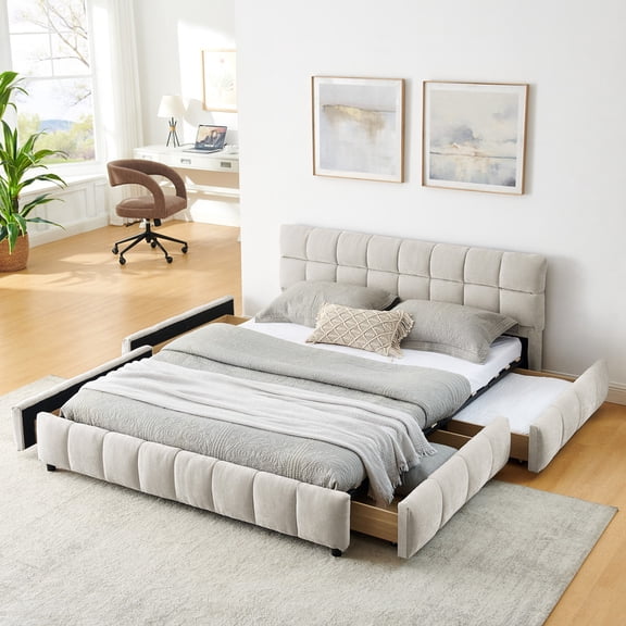 Queen Size Upholstered Grounded Bed with 4 Storage Drawers, Low-Profile Chenille Platform Bed with Headboard, No Box Spring Needed