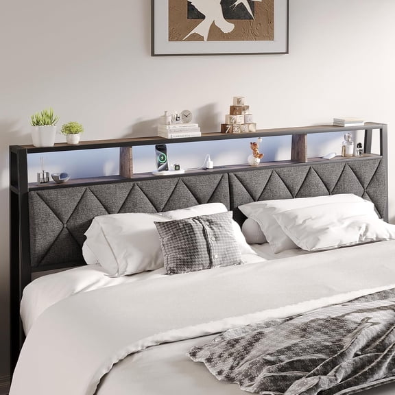 Queen Size Upholstered Headboard Only with Storage, LED Lights, and Charging Station, Dark Grey and Brown