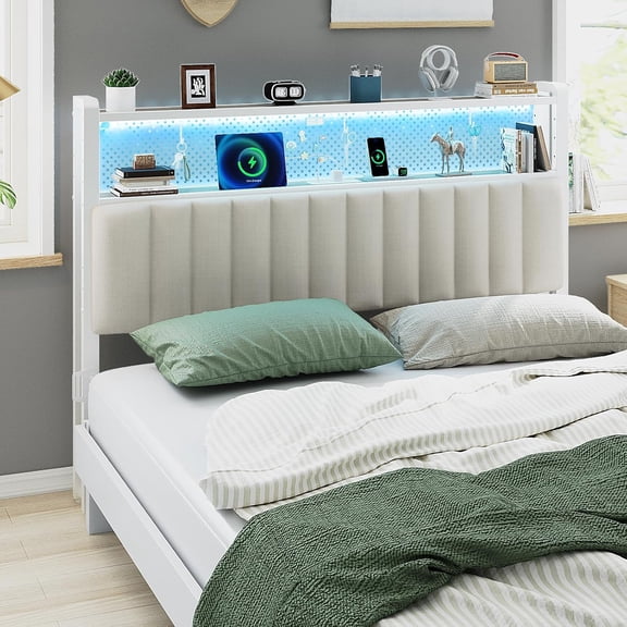 Queen Size Upholstered Headboard with 2 Shelves, Pegboard, USB Charging & LED Lights, Adjustable Storage