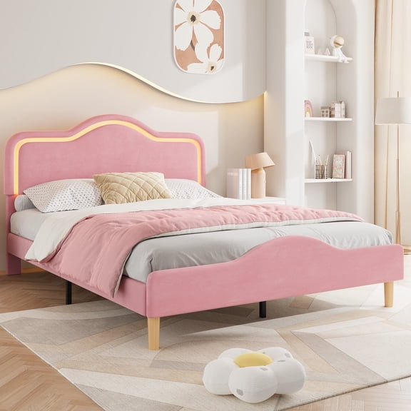 Queen Size Upholstered LED Bed Frame with Adjustable Headboard and Footboard, Velvet Princess Platform Bedframe for Girls, Wooden Slats Support, No Box Spring Needed, Easy Assembly, Pink