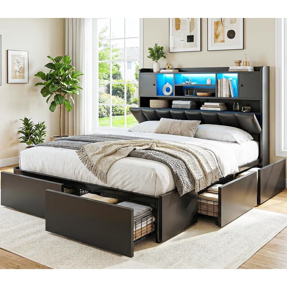 Queen Size Upholstered LED Bed Frame with 6 Storage Drawers, 3-Tier Headboard, Charging Station & 2 Cabinets, No Box Spring Needed, Black