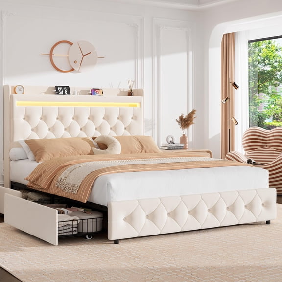 Queen Size Upholstered LED Bed Frame with Storage Headboard, Platform Bed with Charging Station and 2 Storage Drawers, No Box Spring Needed, Beige