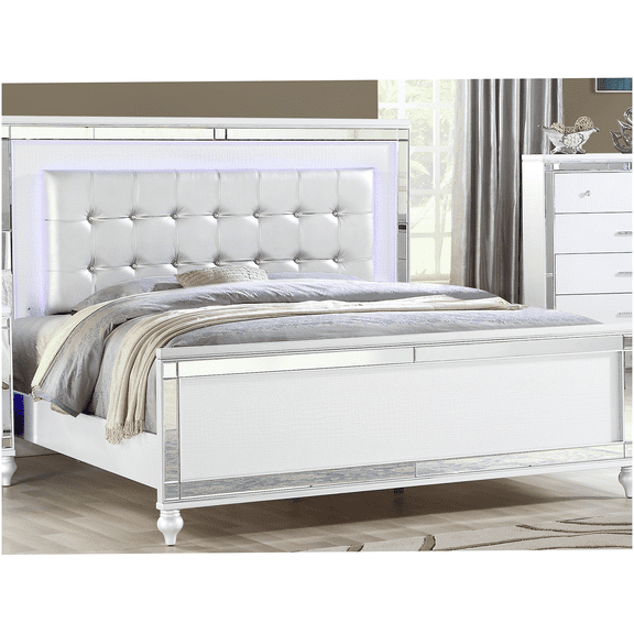 Queen Size Upholstered LED Bed with Crystal Tufted Headboard, Modern Platform Bed Frame with Adjustable Lighting for Bedroom