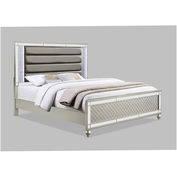 Queen Size Upholstered LED Platform Bed with Mirror Accents, Champagne Fabric Modern Bedroom Bed Frame