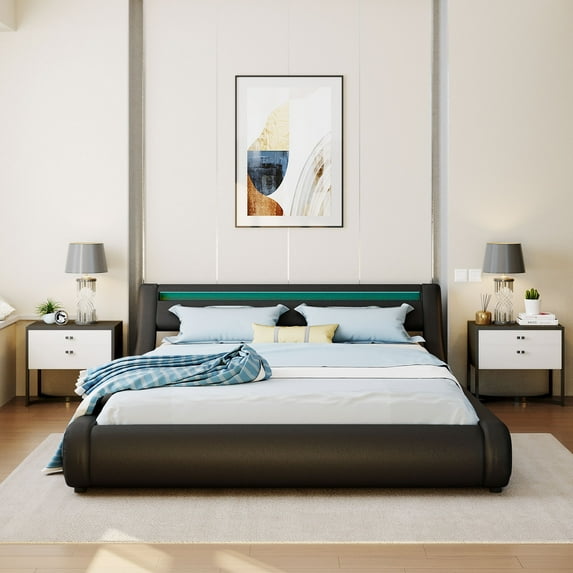 Queen Size Upholstered Leather Platform Bed Frame with a Hydraulic Storage System, Modern Platform Bed with LED Light Headboard, Heavy Duty Bed Frame, No Box Spring Needed