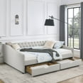 thumbnail image 1 of Queen Size Upholstered Linen Sofa Bed with Drawers,Button on Back and Copper Nail on Waved Shape Arms,Trundle Bed,Modern Daybed for Kids,Teens and Adults,No Box Spring Needed,84.5"x63.5"x26.5",Beige, 1 of 9