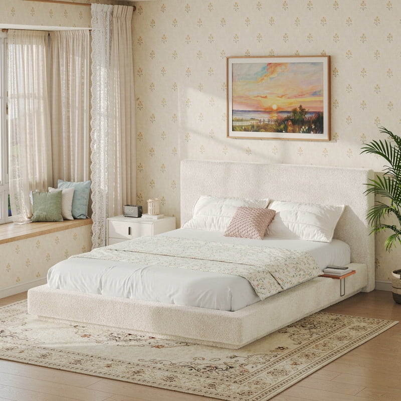 Queen Size Upholstered Low-Profle Floor Bed with Headboard & Steel Frame, Storage Platform Bed Frame with 2 Sliding Shelves