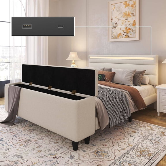 Queen Size Upholstered Ottoman Storage Bed Frame with Headboard, Built-in Charging Ports and LED Light Strip, Solid Wood Slats, No Box Spring Needed