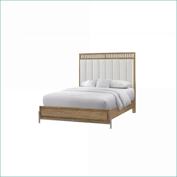 Queen Size Upholstered Panel Bed with Faux Leather Straps Latte Finish for Modern Bedrooms