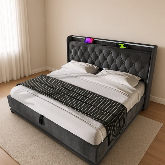 Queen Size Upholstered Platform Bed with 360 Surround LED, Hydraulic Storage & USB Type-C Charging, Tufted Button Headboard, No Box Spring Needed, Linen
