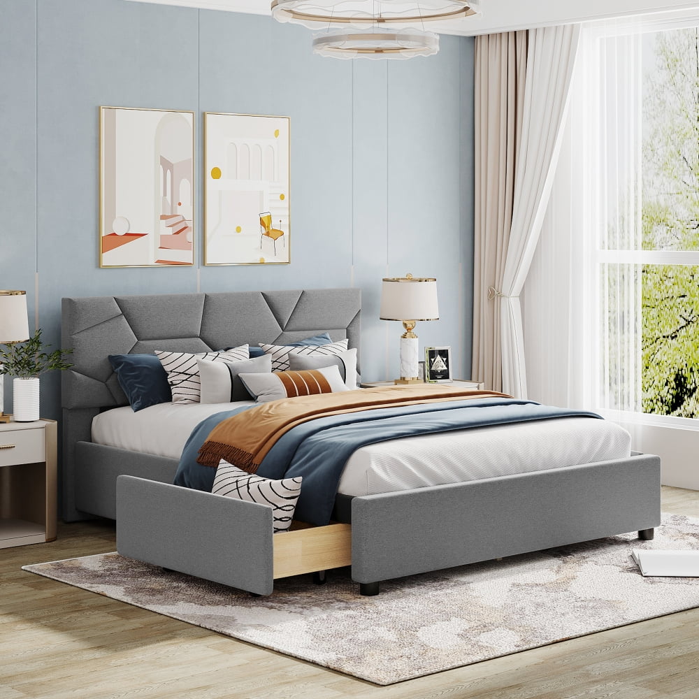 Queen Size Upholstered Platform Bed with 4 Drawers, Platform Bed Frame