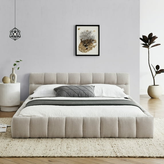 Queen Size Upholstered Platform Bed with Headboard ,Thick Chenille Fabric, Solid Frame, No Box Spring Needed