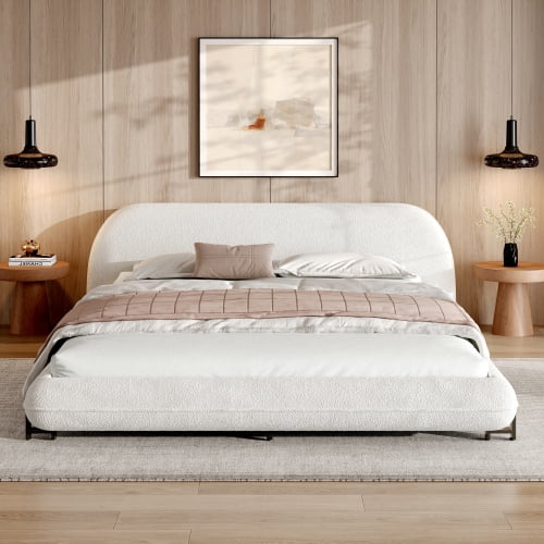 Queen Size Upholstered Platform Bed with Boucle Fabric Headboard, Modern Thick Padded Frame, Sturdy Steel Legs, No Box Spring Needed, Easy Assembly, White