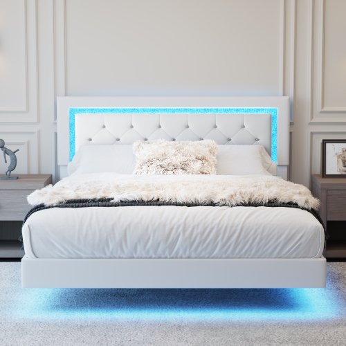 Queen Size Upholstered Platform Bed with Diamond Tufted Headboard, RGB LED Lights and Floating Design, Sturdy Slats, No Box Spring Needed, Easy Assembly, Beige