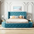 thumbnail image 1 of Queen Size Upholstered Platform Bed Frame with 1 Big Drawer and 2 Side Storage Stool, Support Legs, Wooden Slats Support Mattress Foundation, No Box Spring Needed, in Velvet(Blue), 1 of 8
