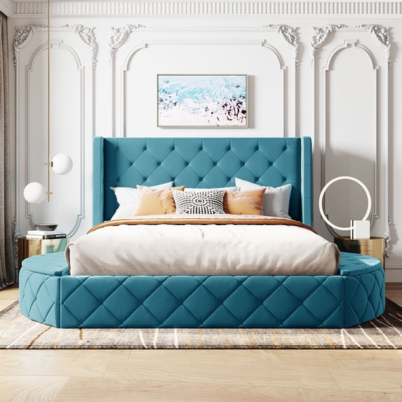 Queen Size Upholstered Platform Bed Frame with 1 Big Drawer and 2 Side Storage Stool, Support Legs, Wooden Slats Support Mattress Foundation, No Box Spring Needed, in Velvet(Blue)