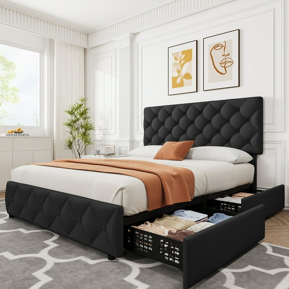 Queen Size Upholstered Platform Bed Frame with 4 Storage Drawers, Adjustable Linen Headboard & Diamond Button Tufted Design, Sturdy Support, No Box Spring Required, Black