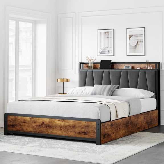 Queen Size Upholstered Platform Bed Frame – 4 Storage Drawers – Linen Headboard – Built-in Charging Station – No Box Spring Needed – Sturdy – Vintage Brown – Easy Assembly – QUEEN