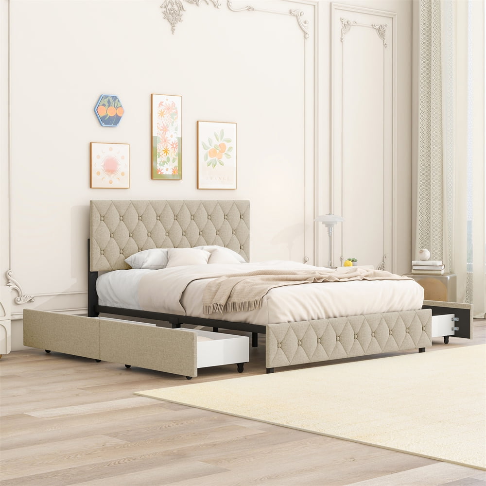 Queen Size Upholstered Platform Bed Frame with 4 Storage Drawers ...