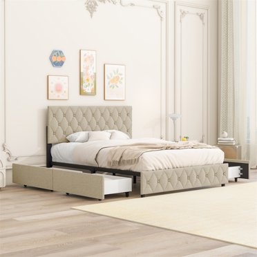 Upholstered Queen Size Platform Bed Frame With 4 Storage Drawers & Headboard - Beige