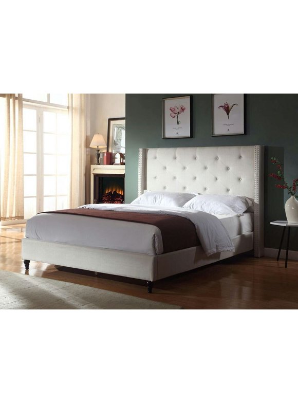 Queen Size Upholstered Platform Bed Frame with 51" Tall Headboard - Tufted Cloth Bed - Wood Slat Support with Storage Space- No Box Spring Needed- Easy Assembly- Light Beige - OLIVER & SMITH 1921