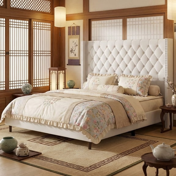 Queen Size Upholstered Platform Bed Frame, 62" Tall Wingback Headboard, Velvet, No Box Spring Needed, Beige