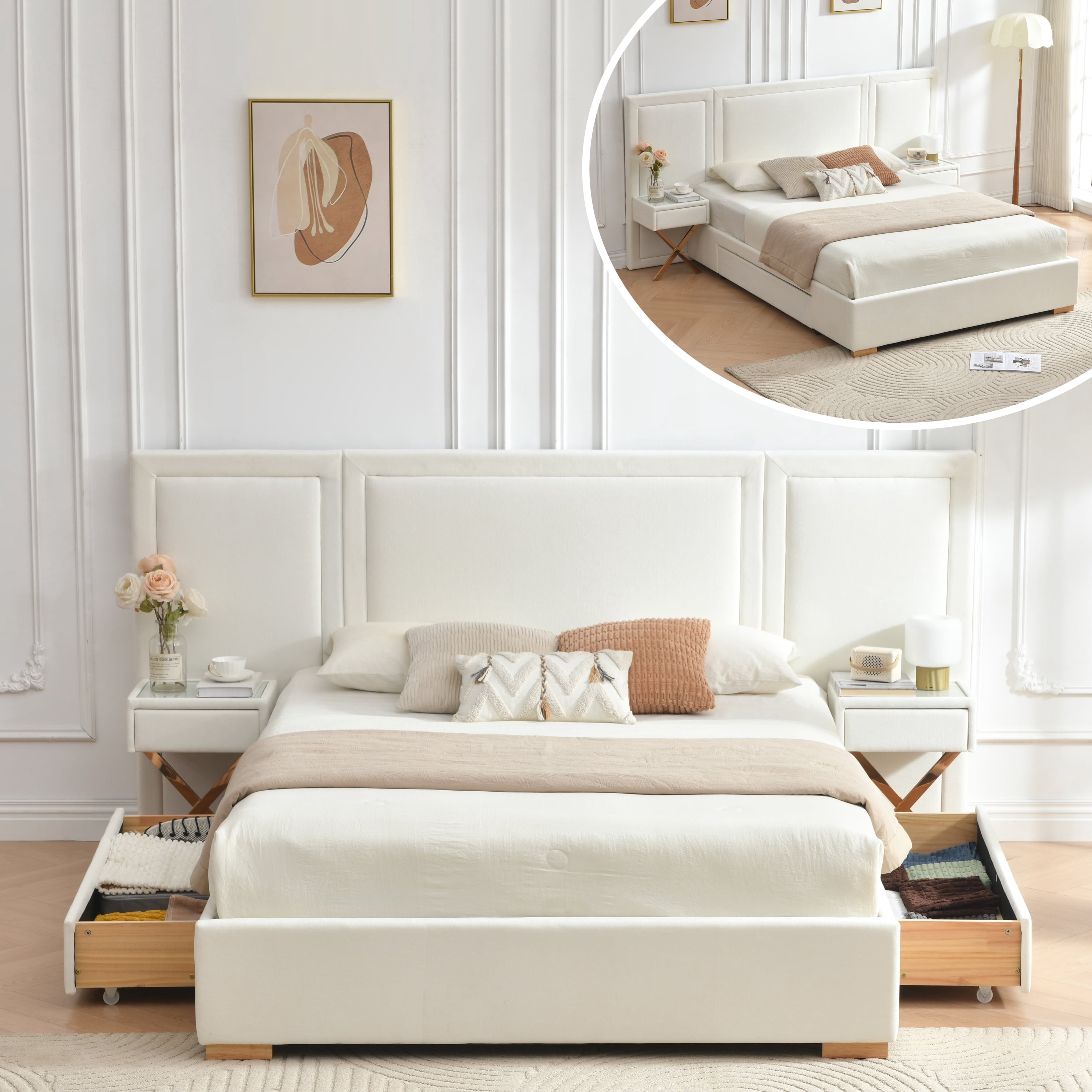 Queen Size Upholstered Platform Bed Frame, Bed Frame with Storage, Velvet Headboard with Built-in Nightstands & Drawers, No Box Spring Needed, Wooden Slats Support, Noise-Free, Easy Assembly, White