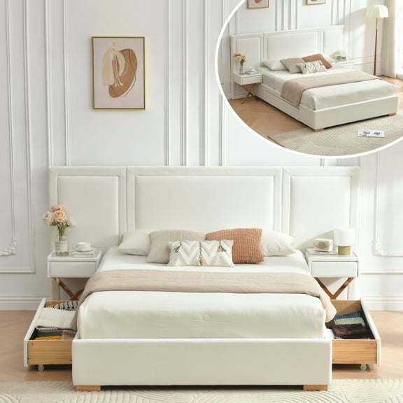 Queen Size Upholstered Platform Bed Frame, Bed Frame with Storage, Velvet Headboard with Built-in Nightstands & Drawers, No Box Spring Needed, Wooden Slats Support, Noise-Free, Easy Assembly, White